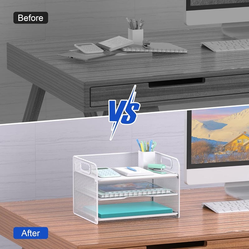 Samstar 3 Tier White Letter Tray Paper Organizer with Handle, Mesh Desk Organizer Paper Sorter File Rack Shelves, White - Image 5